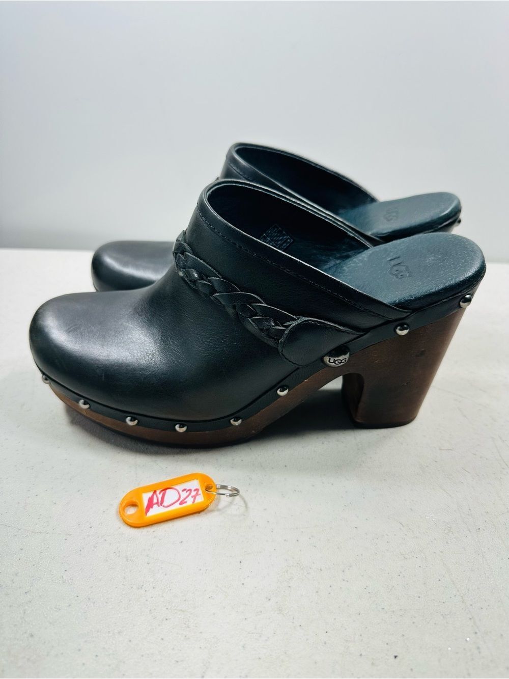 UGG Black Leather Braided Clog Heels size 9